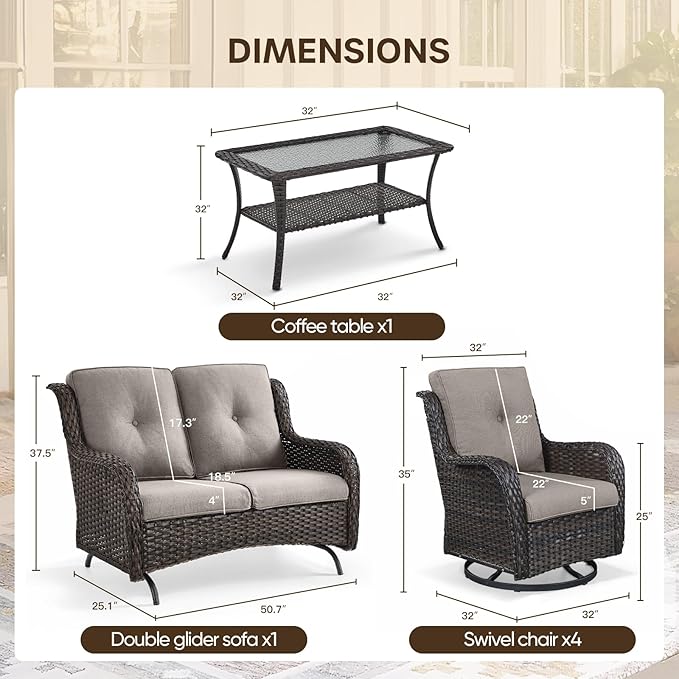 Patio Loveseat Glider Set, Resin Wicker Loveseat Glider with 2 Swivel Patio Chiars and Coffee Table, 4 Piece Patio Bistro Set Furniture Set Loveseat Set, Brown Wicker|Grey Cushions