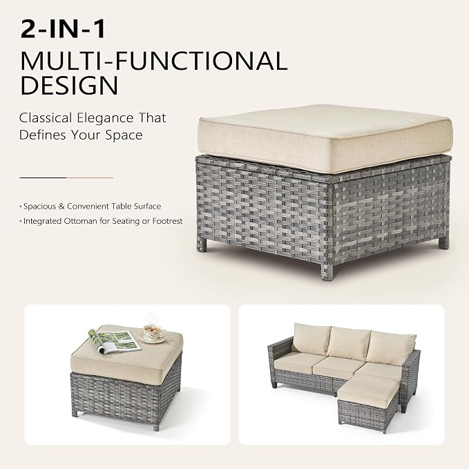 CAODOC 8-Piece Outdoor Wicker Patio Set with 9 Seats, Including 53" Fire Pit - Sectional Sofa and Conversation Set for Backyard or Lawn, Gray Rattan with Waterproof Beige Cushions