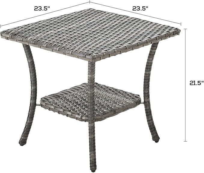Patio Table Outdoor Side Tables - Wicker Coffee Table with 2-Shelf Storage Rattan End Table Square for Outdoor Patio Porch Deck Balcony Garden(Mixed Grey/Wicker Top)