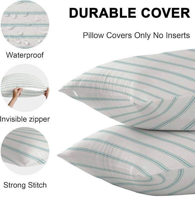 Vandarllin Outdoor Throw Pillows Covers 26x26 inch Set of 2 Waterproof Teal Blue Stripes Decorative Zippered Cushion Covers for Patio Furniture, Abstract Lines Striped Lumbar Pillowcases