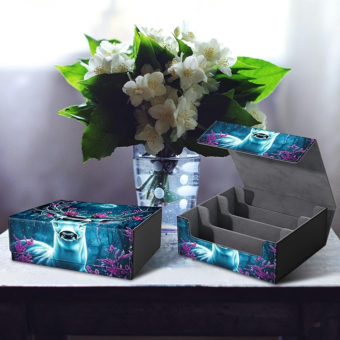 Card Deck Box for MTG, Cards Storage Box Fits 120+ Sleeved, Leather Big Size Strong Magnetic Closing Case for Board Games Magic TCG CCG Baseball Collection Women Man, Forest Flowers Deer