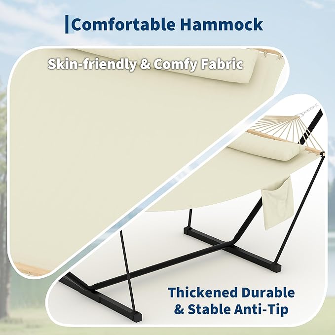 GarveeLife Outdoor Double Hammock with Heavy Duty Adjustable Steel Stand, Portable 2 Person Hammock for Patio Garden Beach Backyard