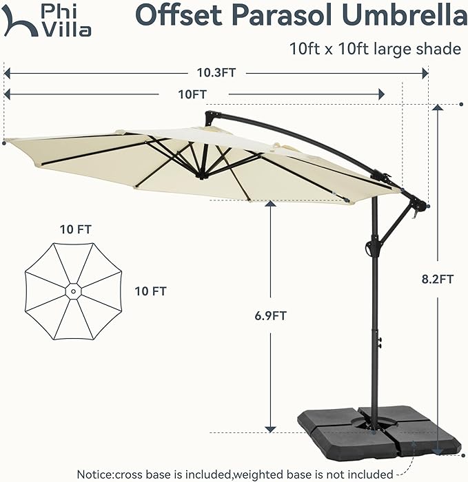 PHI VILLA 10ft Offset Patio Umbrellas with Base Included, Outdoor Market Hanging Umbrella with 8 Ribs for Deck Pool Porch Backyard, Off-White