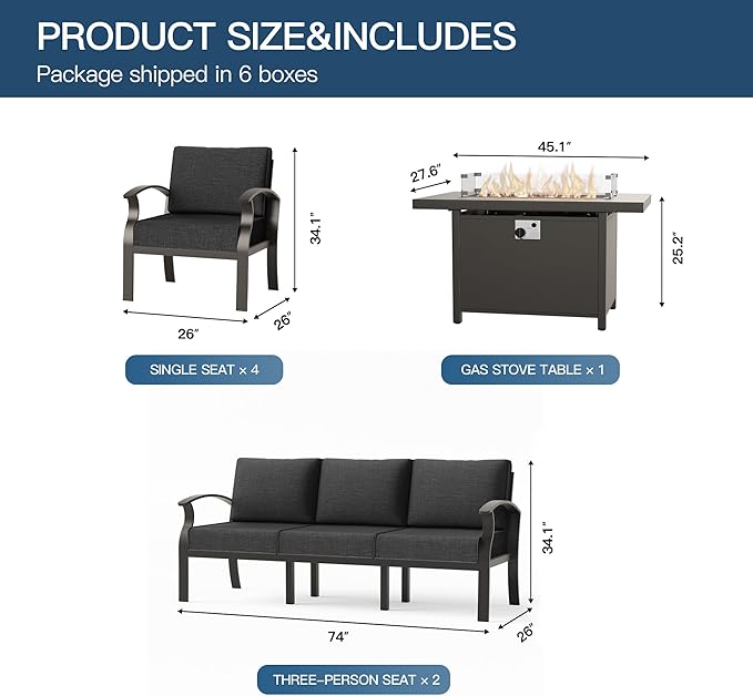 Metal Outdoor Patio Furniture Set for 10,Aluminum Patio Sectional Set w/Propane Fire Pit Table,Outside Furniture w/Removable Sponge Cushion for Porch, Balcony, Yard,Black