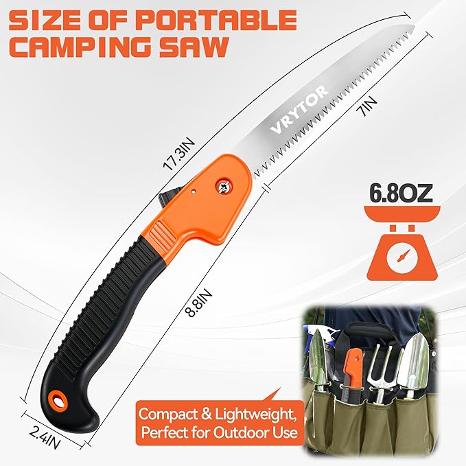 Pruning Saw, 7-inch Heavy Duty Folding Hand Saw with Safety Hand Guard, Portable Camping Saw with Triple-cut Razor Teeth for Tree Trimming, Wood Cutting, Camping, Gardening, Hiking, Landscaping