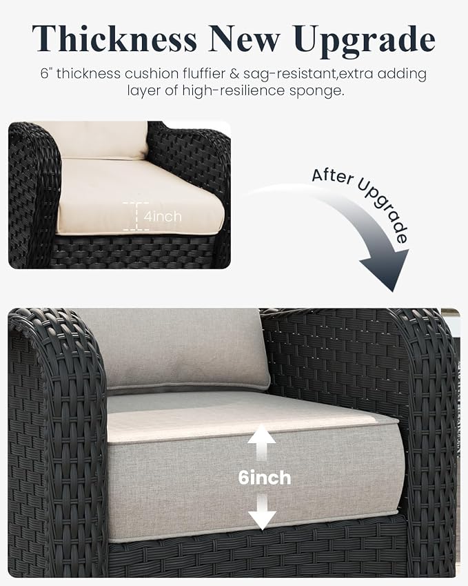 LayinSun 7 Piece Wicker Outdoor Furniture Set with 6-inch Comfy Cushions, High Back Patio Furniture Set with Swivel Rocking Chairs and Fire Pit Table