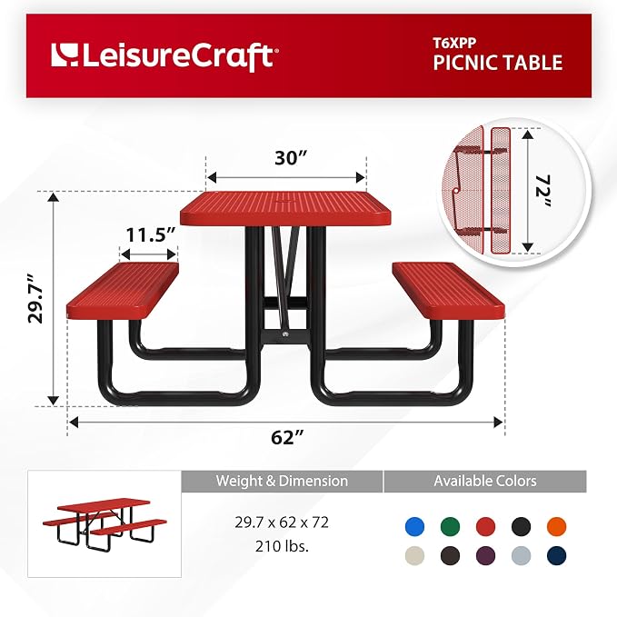 Leisure Craft Metal Picnic Table with Bench - 6 ft Rectangle Outdoor Dining Table for 6, Umbrella Hole, Weatherproof Heavy Duty Thermoplastic Coating, Commercial Grade Furniture Made in USA - Red