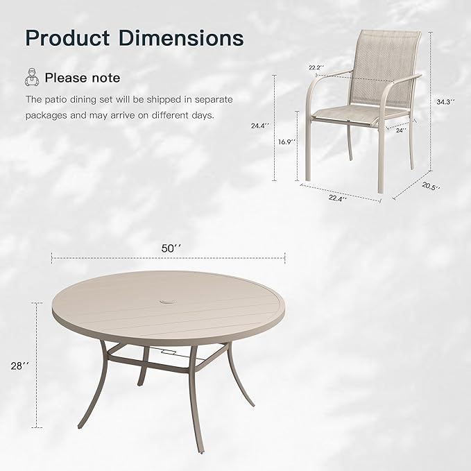 VICLLAX 7 Pieces Patio Outdoor Dining Set, 50" Round Metal Table with Umbrella Hole and 6 Stackable Textilene Chairs for Lawn, Garden, Porch, Sandshell