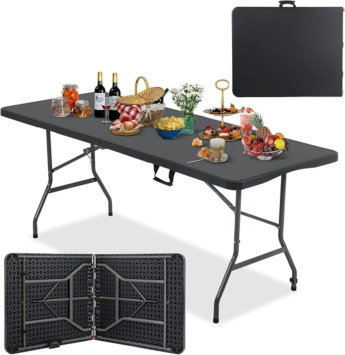 6Ft Folding Table Foldable Table Portable Indoor Outdoor Plastic Heavy Duty Fold Up Table Dining Picnic Table with Lock Function Black, 70.9 x 29.1 x 29.1 inches