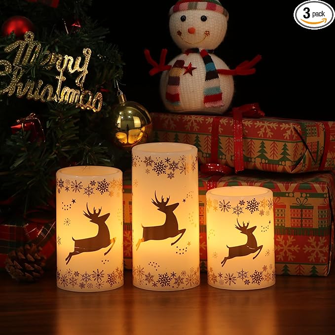 Wondise Flameless Flickering Candles with 6H Timer, Gold Deer Christmas Battery Operated Candles 3 Pack Real Wax Warm Light LED Pillar Candles for Christmas Dinner Tabletop Holiday Decor 3" x 6"
