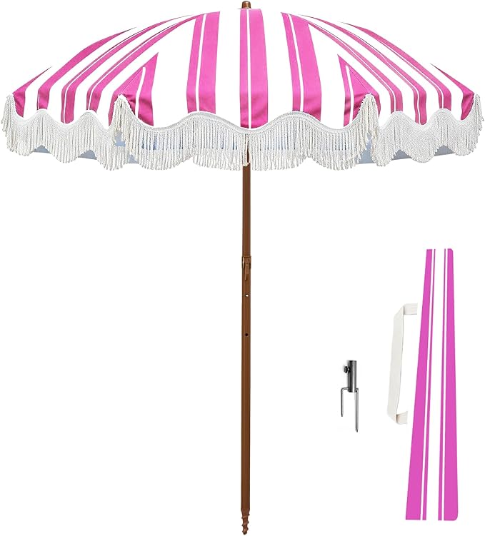 Rayjee 6.5FT Patio Umbrella with Fringe, UV Protection Beach Umbrella with Tilt & Adjustable Height, Includes Carry Bag & Ground Stake, Outdoor Umbrella for Pool, Garden, Backyard