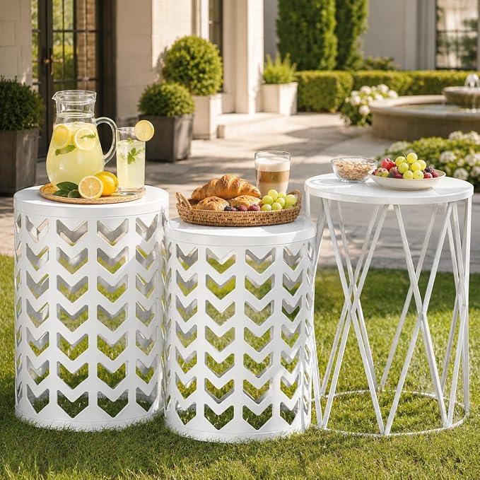 Y&M Side Table,Set of 3 Heavy-Duty Round End Table, Outdoor Decorative Garden Stool Plant Coffee Table for Indoor Multifunctional Use, Stand-White