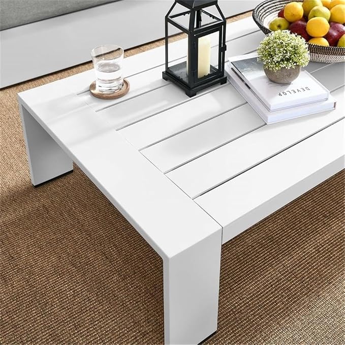 Pemberly Row Modern Outdoor Patio Coffee Table, Powder-Coated Aluminum, 51" W x 26.5" D x 12" H, Weather-Resistant, White Finish, Rectangular Low-Maintenance Design with Non-Marking Foot Glides