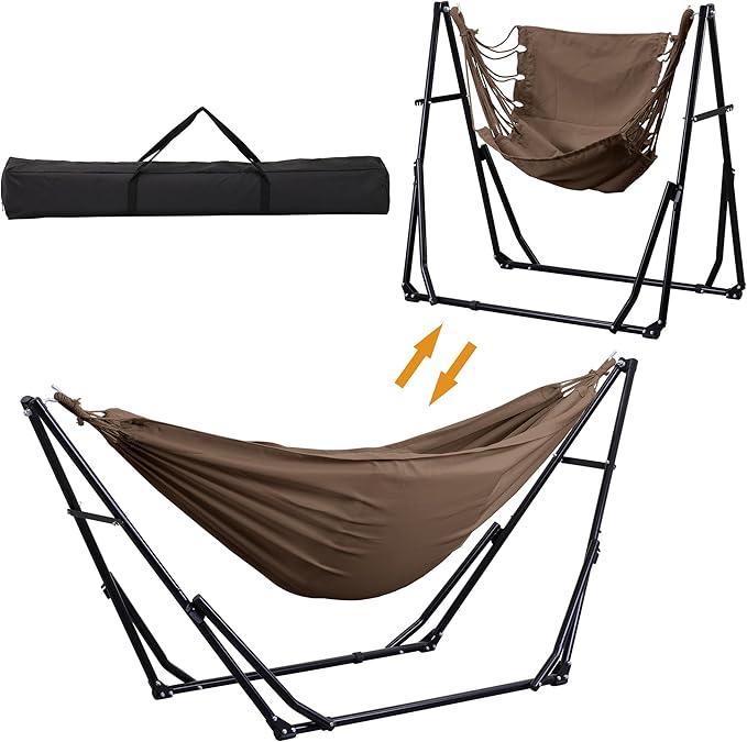 Ainfox Hammock with Foldable Stand, 2 in 1 Hammock and Swinging Chair with Carrying Bag, Portable Camping Chair Suitable for Outside, Swing,Patio,Garden,Camping Trip Coffee