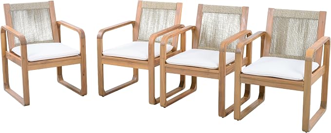 Christopher Knight Home Trazy Acacia Wood Outdoor Dining Set for 4, Patio Dining Table Set for 4, Outdoor Dining Table and Sled Base, Dining Chairs with Cushion + Rope Backrest, Teak + Brown + Beige