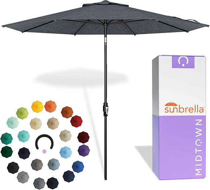 Midtown Umbrellas – The Swilt 9 Ft Patio Umbrella with 360° Swivel & Tilt Mechanism, Sunbrella Fabric & 8 Fiberglass Ribs – Outdoor Umbrella for Deck, Pool & Cafes – Cast Slate Canopy, Black Pole