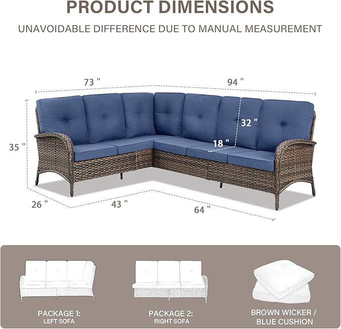 Belord 6-Seater Outdoor Sectional Sofa L Shaped Couch Patio Conversation Furniture Set, PE Wicker Patio Sectional Sofa with Removable Blue Cushion for Deck Sunroom Backyard