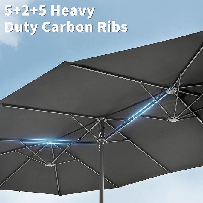 15FT Large Double Sided Patio Umbrella, Aluminum Crank and Heavy Duty Carbon Steel Ribs Outdoor Umbrellas, Fade Resistant Rectangular Market Umbrella for Poolside, Deck, Commercial, Backyard, Patio, Rental, Lawn, Dark Gray