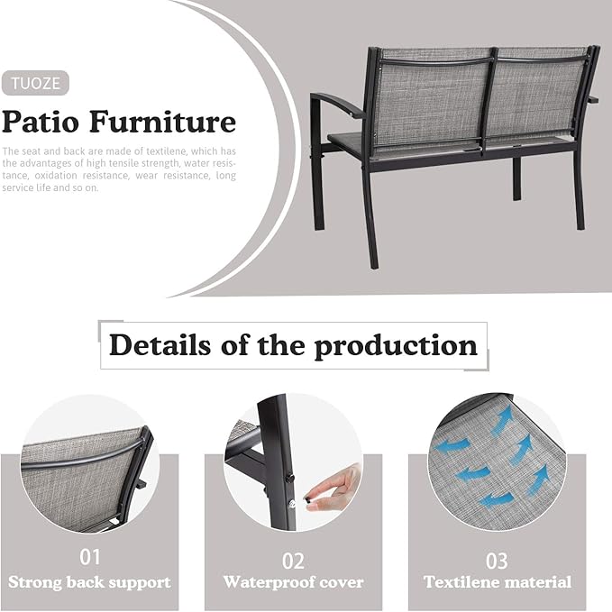 Tuoze 4 Pieces Outdoor Patio Furniture Set Conversation Set with Glass Coffee Table Bistro Set with Loveseat Garden Yard Lawn and Balcony (Grey)