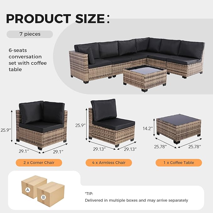 7 Piece Outdoor Wicker Patio Furniture Set, Rattan Sectional Sofa Conversation Set with Coffee Table & Cushions, for Poolside Backyard Garden Porch, Brown Wicker/Black Cushion