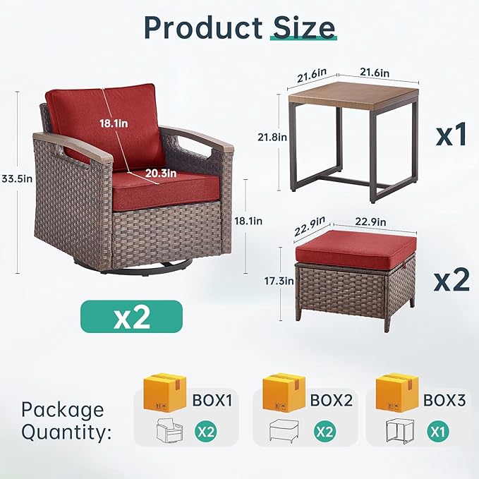 Luxury Outdoor Swivel Rocker Patio Chairs with Metal Side Table - 5 Piece Heavy Duty Furniture Set All Weather Wicker Conversation Set with 2 Ottomans for Porch Poolside and Deck - Red
