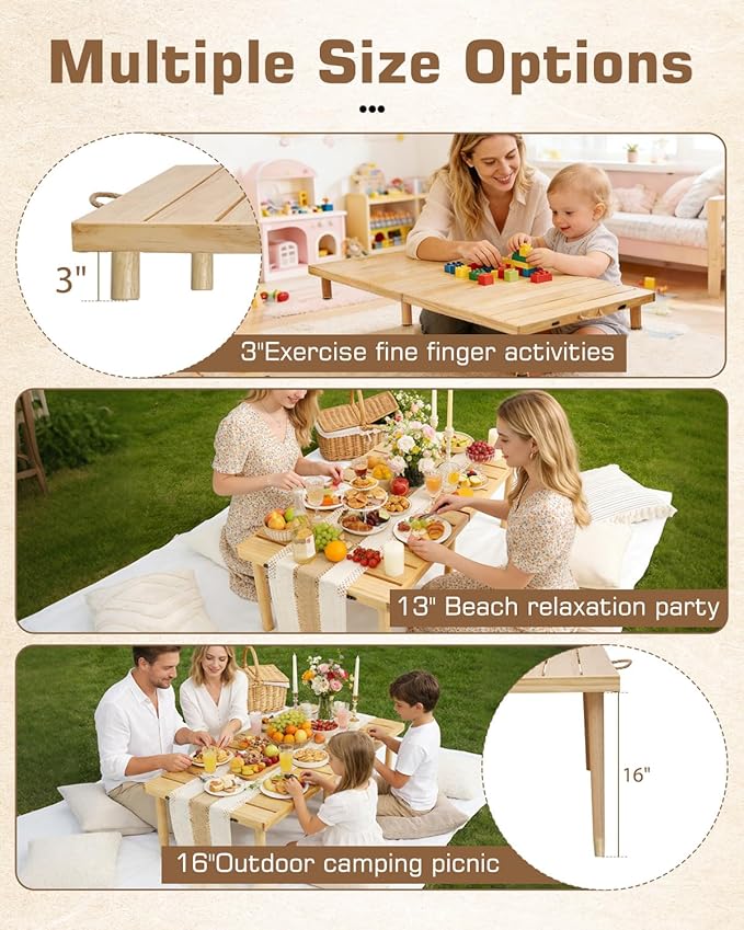 60" X 30" Boho Low Picnic Table, Portable Wooden Picnic Table with 3 Adjustable Heights, Natural Pine Wood Floor Table for Camping, Weddings, Beach & Family Gatherings, Seating for 6-8 People