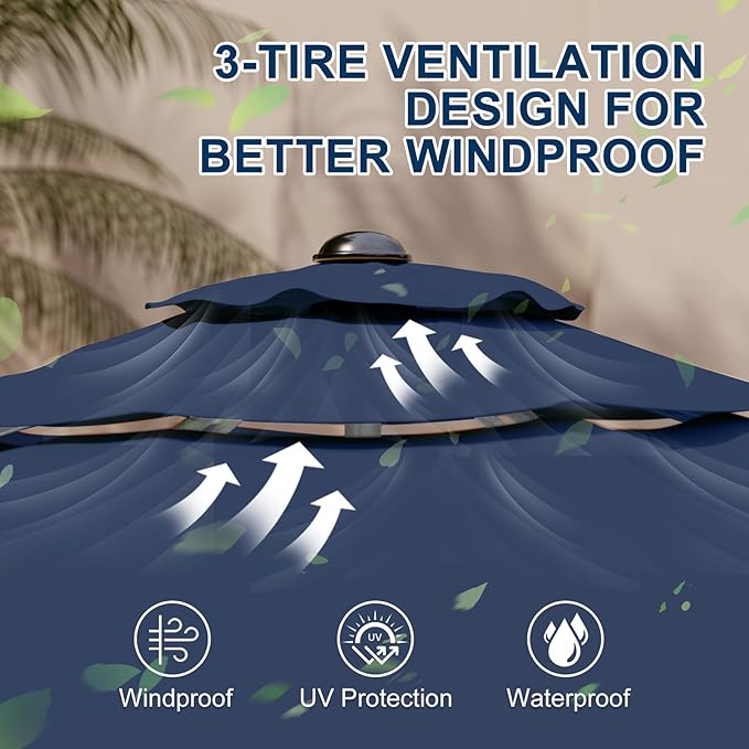 9FT 3-Tier Aluminum Outdoor Patio Umbrella, Fade-Resistant Market Umbrella with Push Button Tilt Function, 8 Sturdy All-Aluminum Ribs for Gardens, Patios, Backyards & Pools