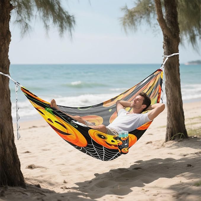 Hammocks for Outside Cartoon Jack-o-Lantern Pumpkins Camping Hammock Portable Hammocks with Tree Straps and Carry Bag Camping Accessories for Hiking Beach Outdoor