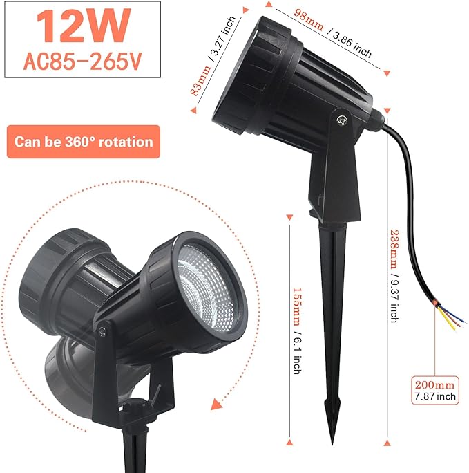 Outdoor Landscape LED Lighting 12W Waterproof Graden Lights COB Led Spotlights with Spiked Stand for Lawn Decorative Lamp Self wiring 85-265V 3000K-6000K Lawn Lights (4 Packs) (Warm white 3000K)