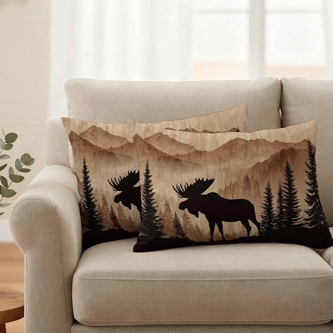Moose Silhouette Outdoor Pillow Covers 20"x12" Set of 2, Nature Mountain Landscape Waterproof Throw Pillow Covers for Patio Furniture, Decorative Cushion Covers for Porch