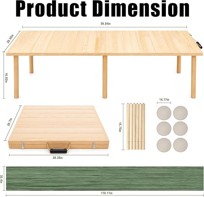 60" Folding Picnic Table with Table Runner & 6 Placemats, Solid Wood Portable Low Picnic Table for Seating 6, Wooden Foldable Table for Outdoor Camping, Beach, Boho Party, Patio (Natural)