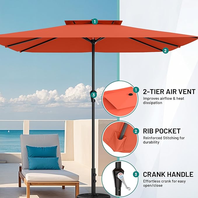 AreShark 8'x10' 2 Tiers Rectangular Patio Umbrella - Outdoor Umbrella Waterproof UV Protection, Market Table Umbrella w/Crank for Pool, Backyard, Deck(Orange)