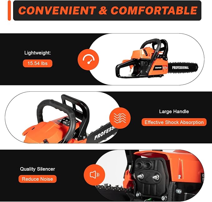 58cc Chainsaw 20" Bar Powered Engine 2.6kW 2 Stroke Gasoline Chain Saw with Automatic Chain Oiler+Chain Brake, Woodworking Saw Cutting Job Gas Powered for Cutting Wood/Outdoor/Garden/Farm