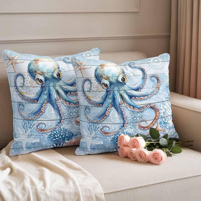 Coastal Octopus Waterproof Outdoor Pillow Covers Set of 2 Home Decor, Nautical Sea Starfish Coral Wooden Grain Pillowcase Patio Pillow Covers for Couch Bench Furniture Garden 26x26in