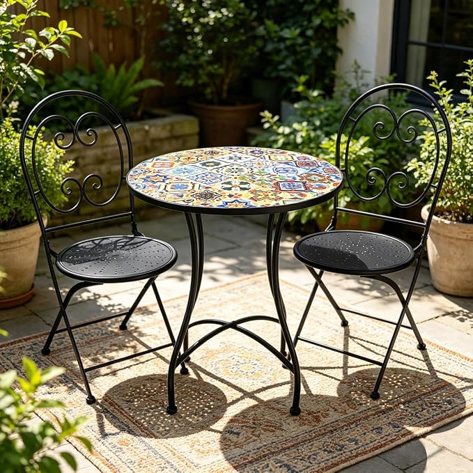 3 Piece Bistro Sets Mosaic Tile Round Table Folding Chairs Garden | Set of 3 Patio Furniture 23.6" Table and 2 Chairs Outdoor Bistro Chairs Artistic Table for Balcony Porch Apartment Backyard