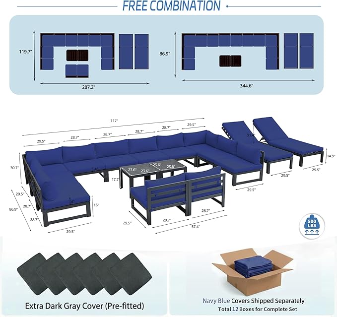 NICESOUL 16 Pcs Large Modern Aluminum Patio Furniture Set, All Weather Modular Sectional Sofa with Chaise & Coffee Table, 500 lbs Heavy Duty Comfy Outdoor Couch for Poolside Backyard, Navy Blue