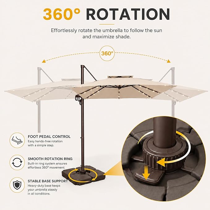 10FT Cantilever Patio Umbrella with Solar Lights, Large Outdoor 2 Tier Aluminum Offset Square Umbrellas 360 Degree Rotation for Garden Deck Pool