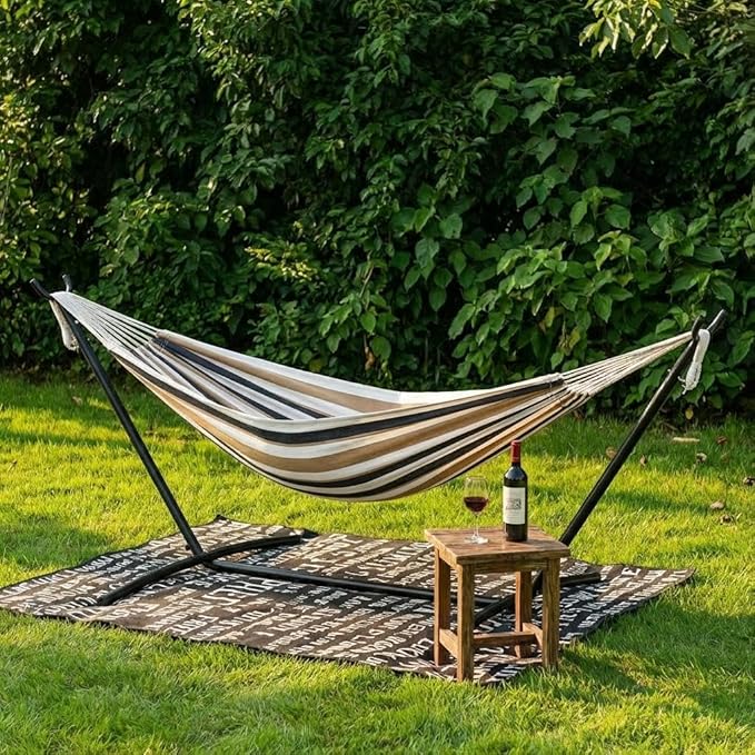 GAOMON Double Hammock with Stand, 450 lb Capacity, Adjustable Portable Hammock Chair with Sturdy Steel Frame, Thick Rope and Carrying Bag Suitable for Backyard, Camping or Outdoor