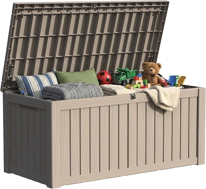 TARKARI 150 Gallon Outdoor Storage Box Waterproof, Resin Deck Boxes with Lockable Lid & UV-Resistant for Patio, Pool, Garden Furniture Cushions & Accessories, Coffee