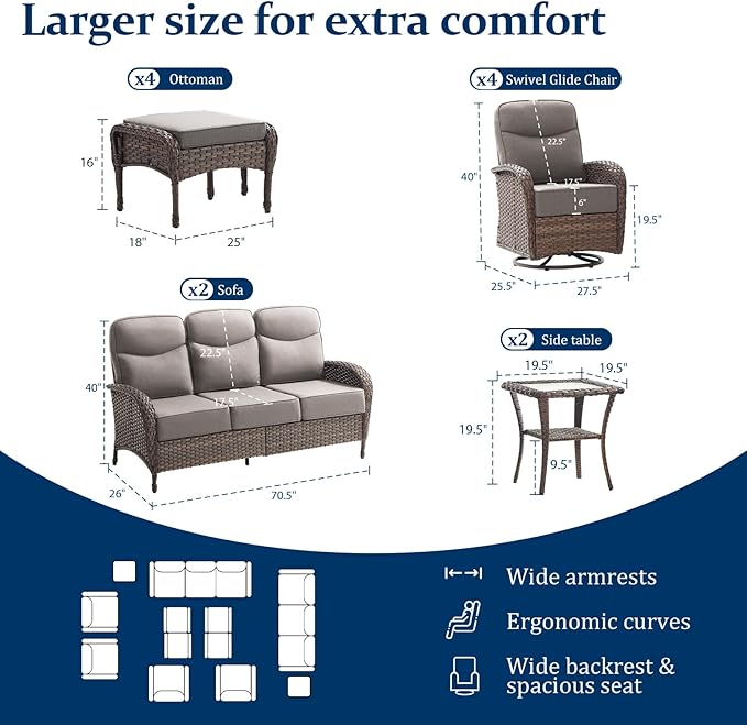 Outdoor Swivel Rocking Chair Patio Set (12pcs) High-Back - Thick Cushion Swivel Rocking Chair Patio with Sofa Set, All-Weather Wicker Patio Furniture Set, Suitable for Balcony Patios, Brown/Gery