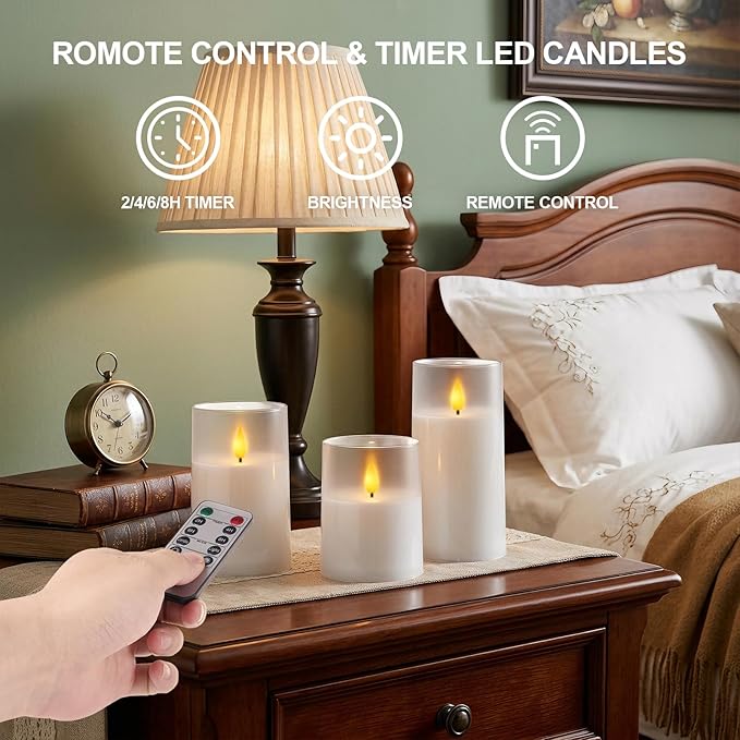 Homemory 3"×4" 5" 6" Battery Candles with Remote & Timer, White Acrylic Realistic Flickering LED Pillar Candles, Waterproof Fake Candle for Home and Lantern Decor, Set of 3