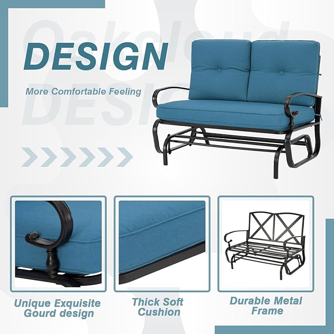 Oakcloud 4-Piece Outdoor Metal Furniture Sets Patio Conversation Set Wrought Iron Glider, 2 Spring Lounge Chairs and Round Side Table, Peacock Blue