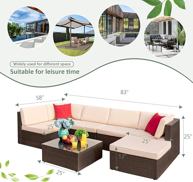 Devoko 7 Pieces Patio Furniture Sets All-Weather Outdoor Sectional Sofa Manual Weaving Wicker Rattan Patio Conversation Set with Cushion and Glass Table (Beige)