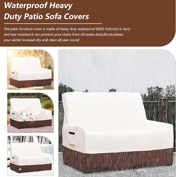 Patio Wicker Loveseat Cover,600D Heavy Duty Waterproof Patio Sofa Cover,Double Reclining Patio Lounge Chair Cover for Lawn/Garden Patio Furniture,Beige&Brown