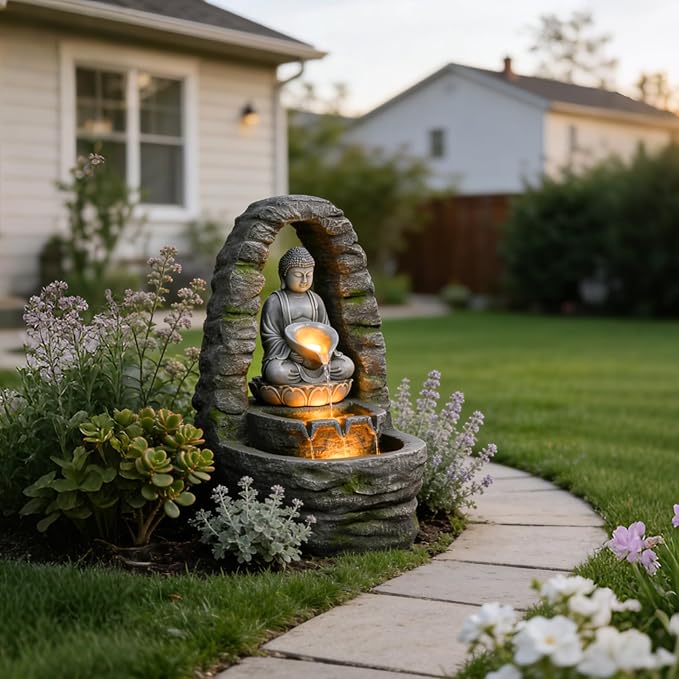 27.2" H Buddha Water Fountain Outdoor Zen Buddha Statue Outdoor Fountain with Lights, 3 Tier Waterfall Feature for Garden, Patio, Porch, Yard, Meditation Decor, Faux Stone Finish