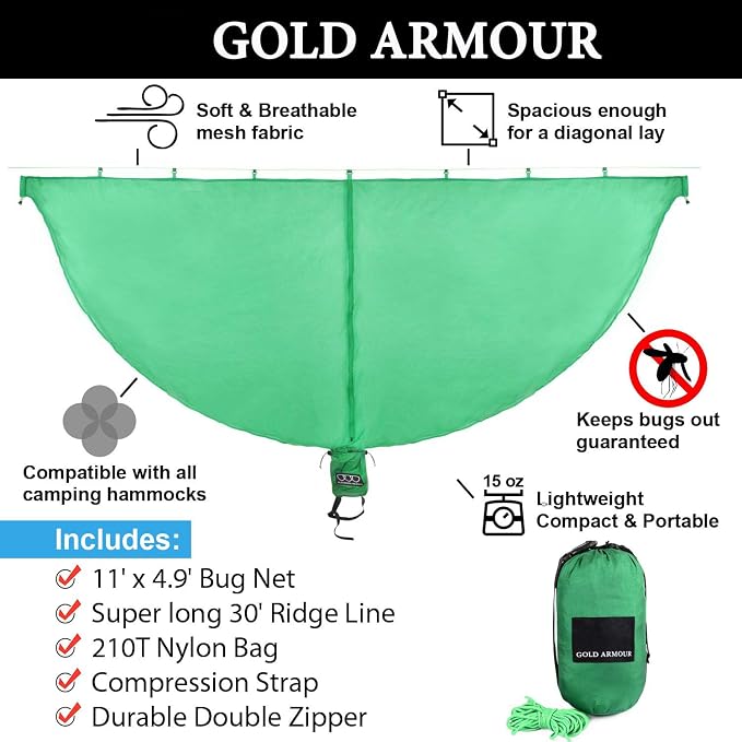 Gold Armour Hammock Bug Net, Mosquito Net Bugs - Premium Mesh Netting, Guardian of No See Um and Insects - Perfect Equipment Gear Accessories for Your Double Hammocks and Single Hammock (Green)