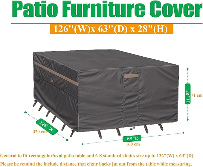 Heavy Duty Waterproof Patio Furniture Covers UV Resistant Rectangular Outdoor Table and Chair Covers 126" Wx 63" D x 28" H Dark Grey