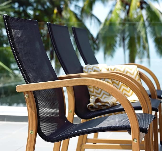 Amazonia Bahamas Armchairs| Black and Quick dry Sling Chairs | Teak Finish | Durable and Ideal for Indoors and Outdoors (Set of 4), Round 5-Piece