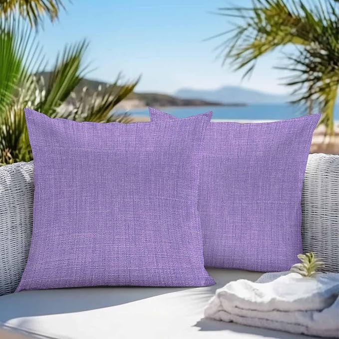 Pack of 2 Waterproof Outdoor Pillow Covers 20x20 Inch Decorative Pillow Covers Lavender Burlap Texture Throw Pillowcases Farmhouse Vintage Lavender Outdoor Cushion Cover for Couch, Patio, Tent