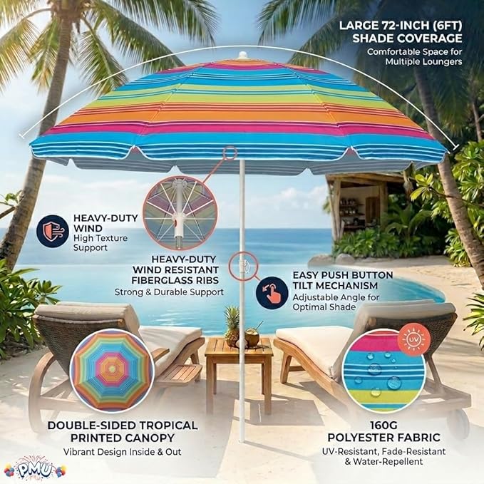 PMU 2 Pcs 6ft Multicolored Beach Umbrella – Vibrant Rainbow Stripe Design, 72in Open, 160G Polyester, Large Outdoor Patio Pool Parasol Umbrella for Garden, Deck, Backyard & Pool